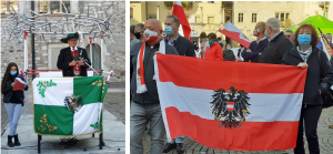 Meinrad Berger bei seiner Ansprache und Kundgebungsteilnehmer in Trient mit der österreichischen Staatsflagge