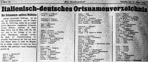 Mitteilung der Zeitung „Der Landsmann“ (Vormals „Der Tiroler“) vom 24. Oktober 1925 über den zwingend vorgeschriebenen Gebrauch der italienischen Ortsnamens-Erfindungen