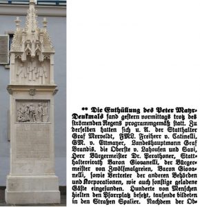 Das 1900 errichtete und später restaurierte Peter Mayr-Denkmal in Bozen sowie Bericht aus der „Bozner Zeitung“ vom 1. Oktober 1900.