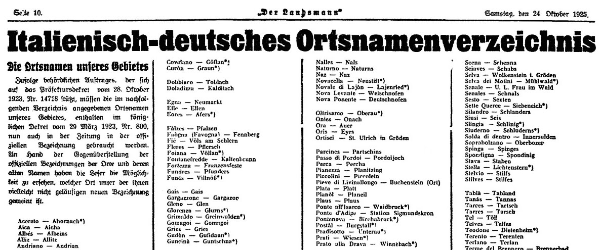 Veröffentlichung der aufgezwungenen faschistischen Ortsnamen in der Zeitung „Der Landsmann“ vom 24. Oktober 1925.