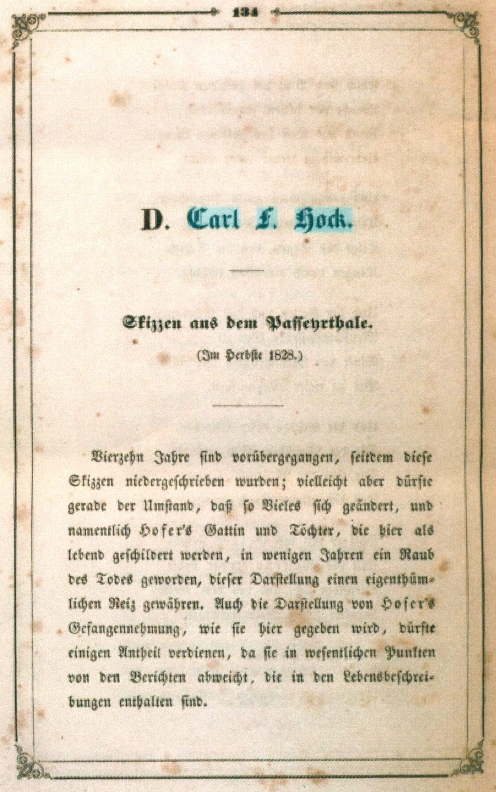 Erste Seite von Hock’s Bericht aus dem „Album aus Oesterreich ob der Enns“; Seiten 134-147; Linz, 1843.