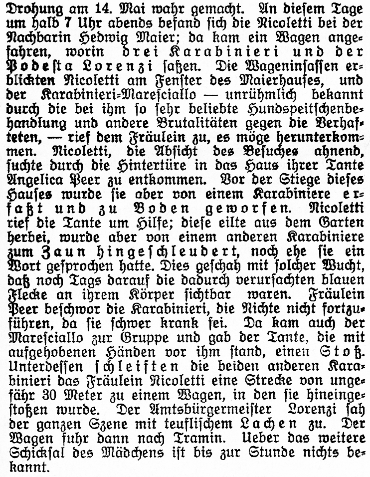 Aus: „Tiroler Anzeiger“, Innsbruck, 18. Mai 1927. (Hier ist der Name als „Nicoletti“ wiedergegeben.)