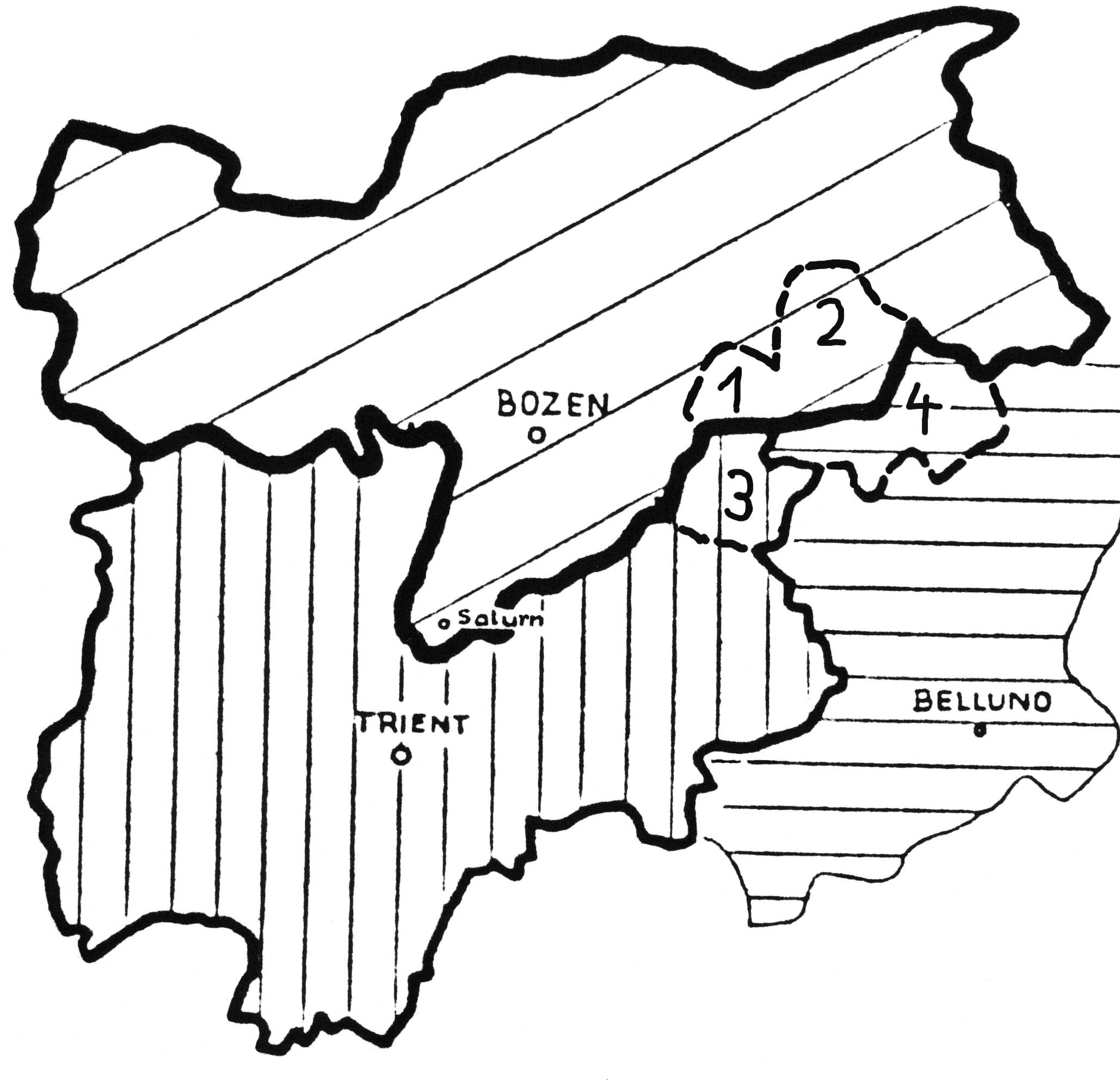 Diese Darstellung zeigt die Aufteilung der Ladiner auf die Provinzen Bozen (1 Gröden, 2 Gadertal), Trient (3 Fassa- und Fleimstal) und Belluno (4 Ampezzo, Buchenstein).