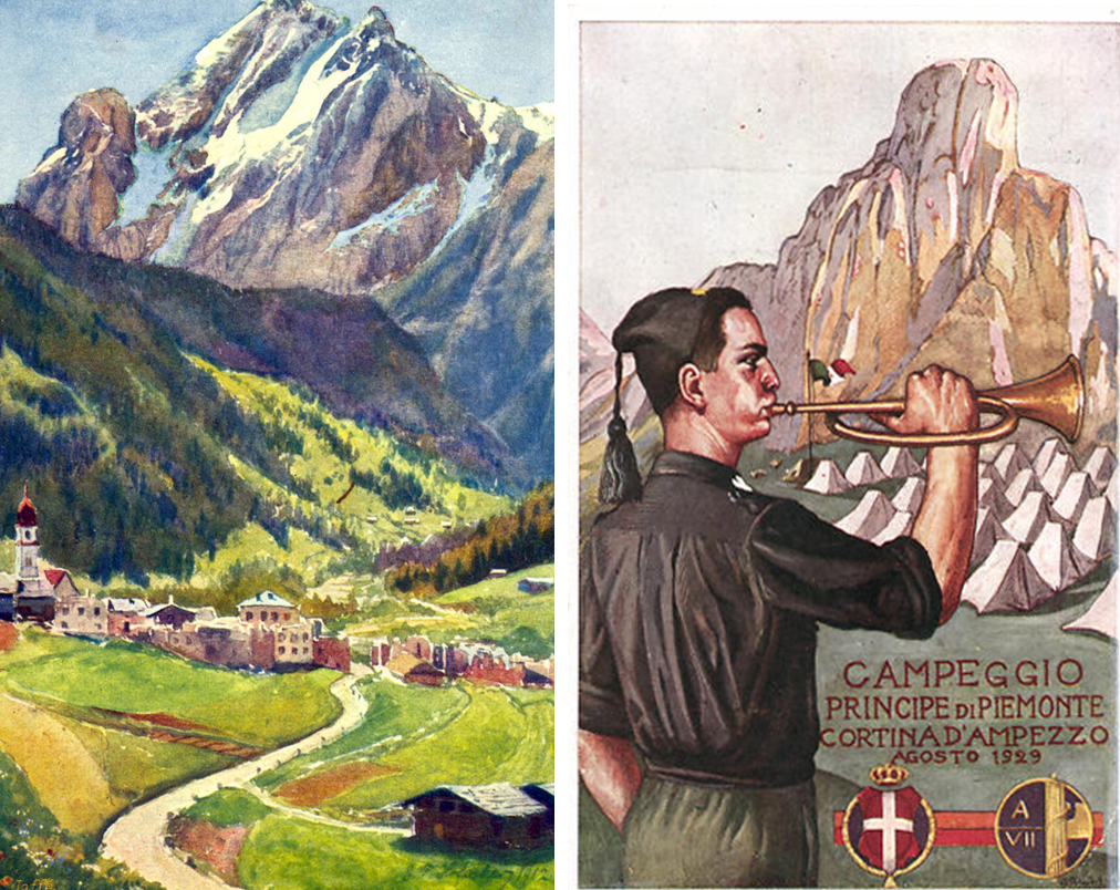 Bild links: Gries bei Canazei im Fassatal - im Hintergrund die Marmolata - wurde von Südtirol abgetrennt und der Provinz Trient zugeschlagen. (Historische Postkarte aus altösterreichischer Zeit.) Bild rechts: Um die „Italianität“ des ladinischen Gebietes zu betonen, hielt die faschistische Miliz dort Übungen mit Zeltlagern ab. Diese mit einem faschistischen Liktorenbündel geschmückte Postkarte wurde anlässlich eines solchen „campeggio“ bei Cortina d’Ampezzo im August 1929 herausgegeben. 