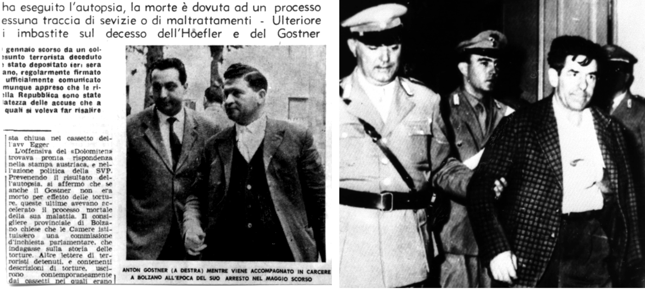 Bild links: Die Verhaftung Anton Gostners (rechts im Bild) im Jahre 1961, der seine Folterung nicht überleben sollte. (Ausschnitt aus der Zeitung „Alto Adige“.) Bild rechts: Auch der SVP-Ortsobmann und Freiheitskämpfer Sepp Kerschbaumer aus Frangart sollte die Haft nicht überleben.