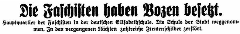 Schlagzeile in den „Bozner Nachrichten“ vom 2. Oktober 1922.