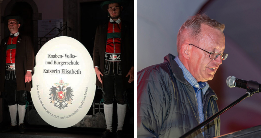 Bild links: Die von den Schützen präsentierte Gedenktafel. Bild rechts: der SHB-Obmann Roland Lang. (Bilder: Südtiroler Schützenbund.)