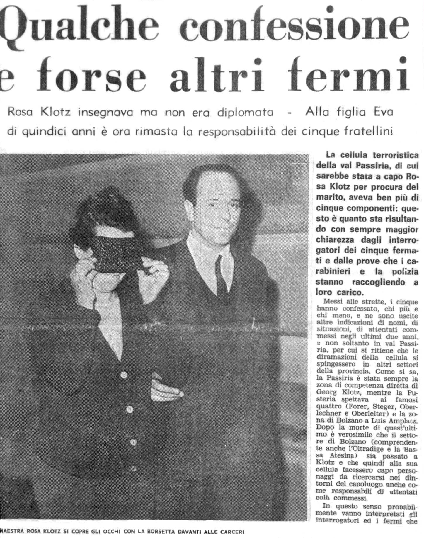 Italienischer Zeitungsbericht über die Verhaftung von Rosa Pöll-Klotz.