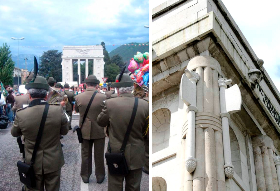 Nationalistische Feier vor dem faschistischen „Siegesdenkmal“ in Bozen, dessen Säulen als „fasci“ – faschistische Liktorenbündel – gestaltet sind.