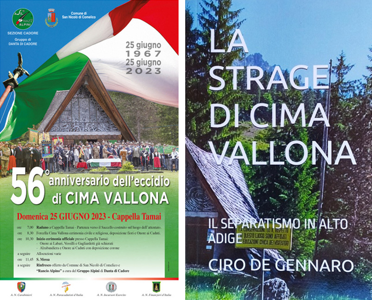 Links: Ankündigung der diesjährigen Alpini-Gedenkveranstaltung auf der Porze-Scharte. Rechts: Eine der vielen italienischen Publikationen, in denen das Geschehen von 1967 als „Blutbad auf der Porze“ („La Strage di Cima Vallona“) dargestellt wird.