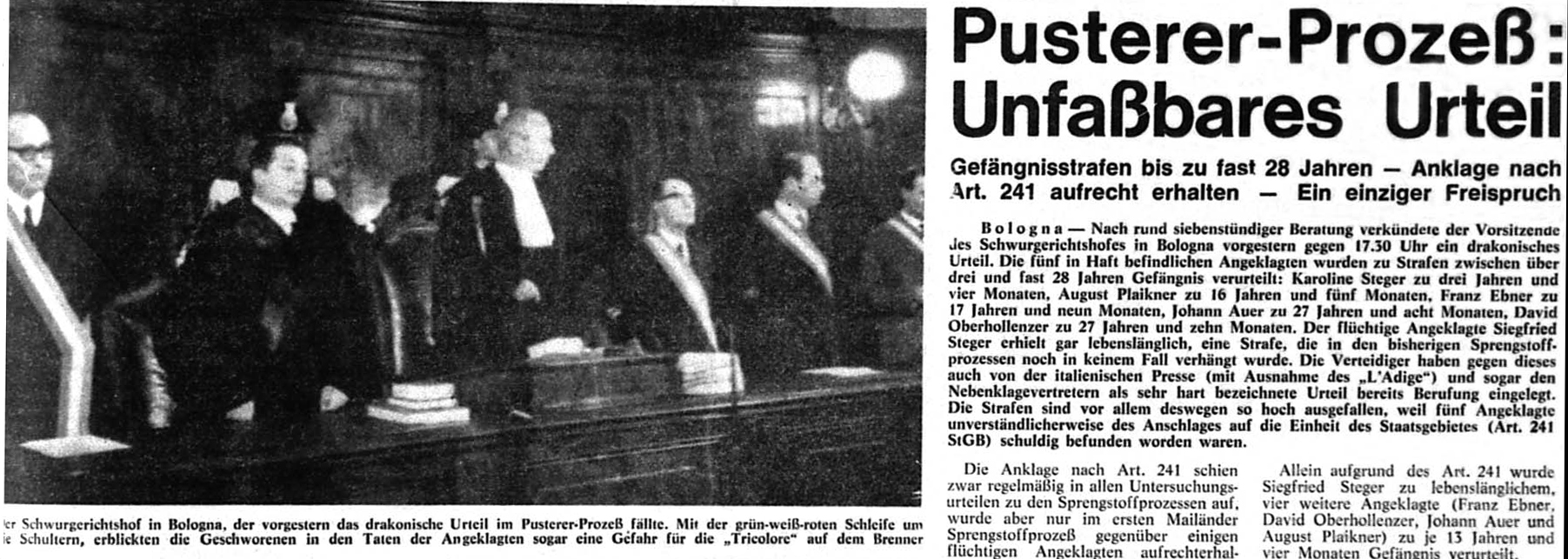 In Bologna war Siegfried Steger am 14. Mai 1969 in Abwesenheit zu lebenslangerHaft verurteilt worden. (Bild: Dolomiten vom 16. Mai 1969)